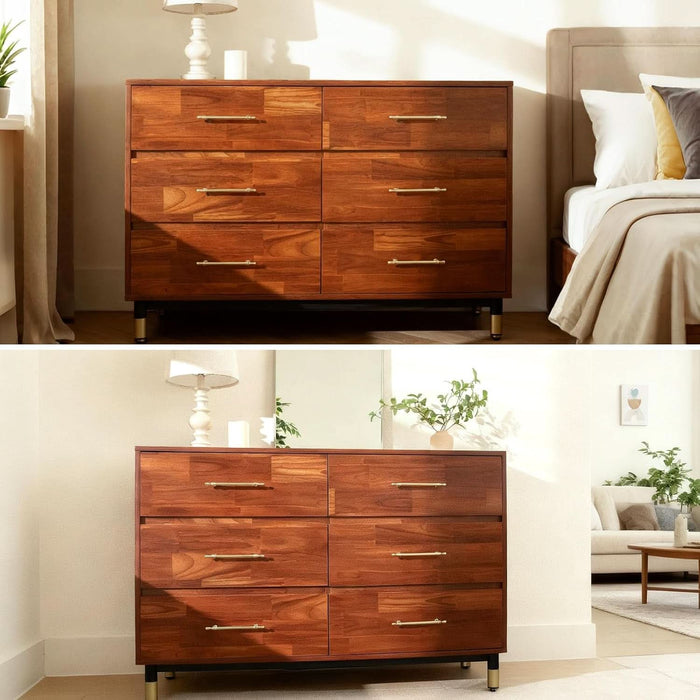 Walnut Dresser for Bedroom, 6 Drawer Brown Wood Dresser with Modern Storage Organizer, Wide Chest of Drawers for Closet, Clothes, Living Room