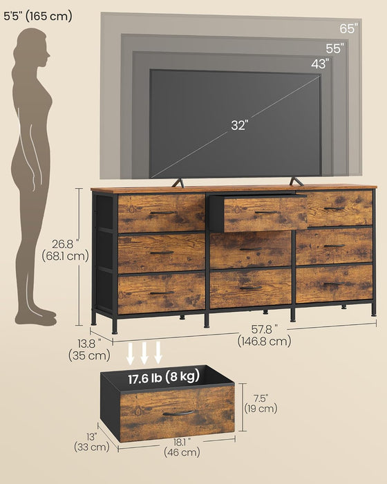 Dresser with 9 Fabric Drawers, TV Stand for Tvs up to 65 Inches