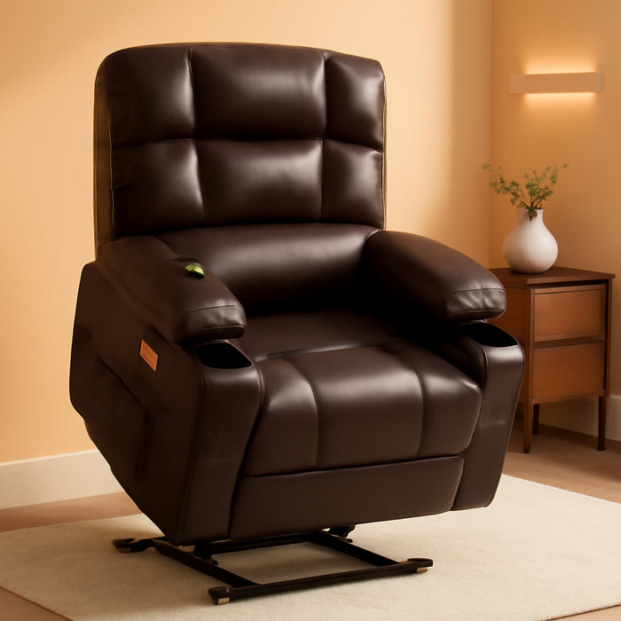 Large Lay Flat Dual Motor Power Lift Recliner Chair Sofa with Massage and Heat for Elderly People, Infinite Position, Faux Leather 7680 (Dark Brown, Large)