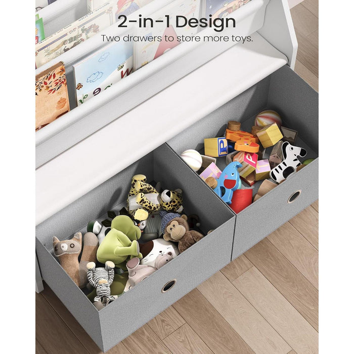 Kids Bookshelf and Toy Storage, 4 Tier Large Capacity Kids Book Rack, Sling Kids Bookcase, for Kids Room, Nursery, Playroom, White and Gray MCW06WT