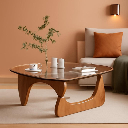 Coffee Table for Living Room Mid Century Modern Center Table with Glass Top, Walnut Transparent