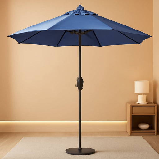 9' round Aluminum Outdoor Deck, Pool or Patio Umbrella, Crank Lift, Auto Tilt, Bronze Pole, Frost Blue Olefin
