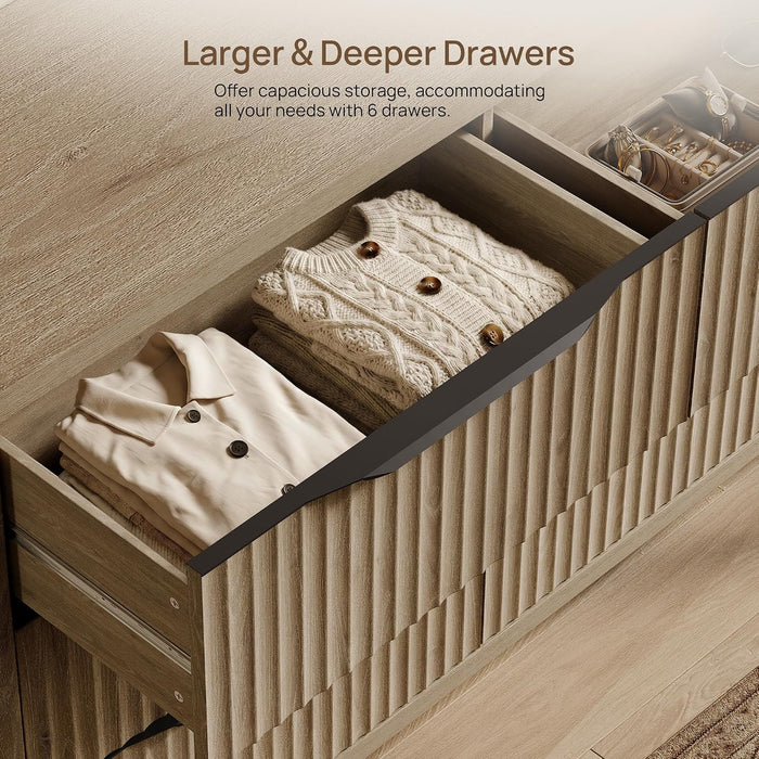 Bedroom Dresser with 6 Deep Wide Large Fluted Drawers for Closet