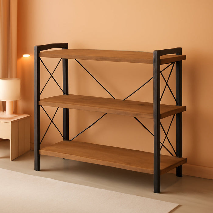 Bookshelf, 3-Tier Industrial Bookcase, Rustic Open Book Shelf, Wood and Metal Horizontal Bookshelves