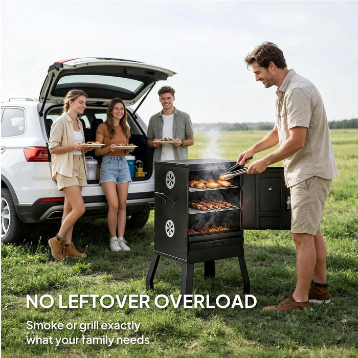 2-In-1 Outdoor Smoker with Door, Vertical Portable Charcoal Grill with Two Detachable Grill Smoking Racks and Charcoal Pan, Perfect for Camping Barbecue, Small Families, Black