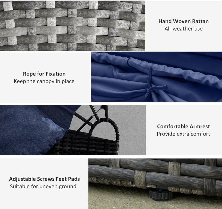 4-Piece round Convertible Daybed with Cushions, Outdoor PE Rattan Patio Wicker Sofa Set, Sunbed with Adjustable Sun Canopy, Sectional Sofa, 2 Chairs, Table, 3 Pillows, Dark Blue