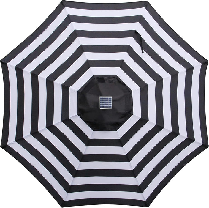 9 Ft Solar Umbrella 32 LED Lighted Patio Umbrella Table Market Umbrella with Tilt and Crank Outdoor Umbrella for Garden, Deck, Backyard, Pool and Beach (Black and White)