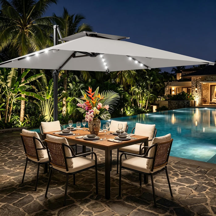 10×10FT Solar LED Cantilever Umbrella with Base Included, Double-Top Outdoor Patio Offset with 360 Degree Rotation, round Offset Hanging Umbrella for Garden Deck Pool, Light Grey