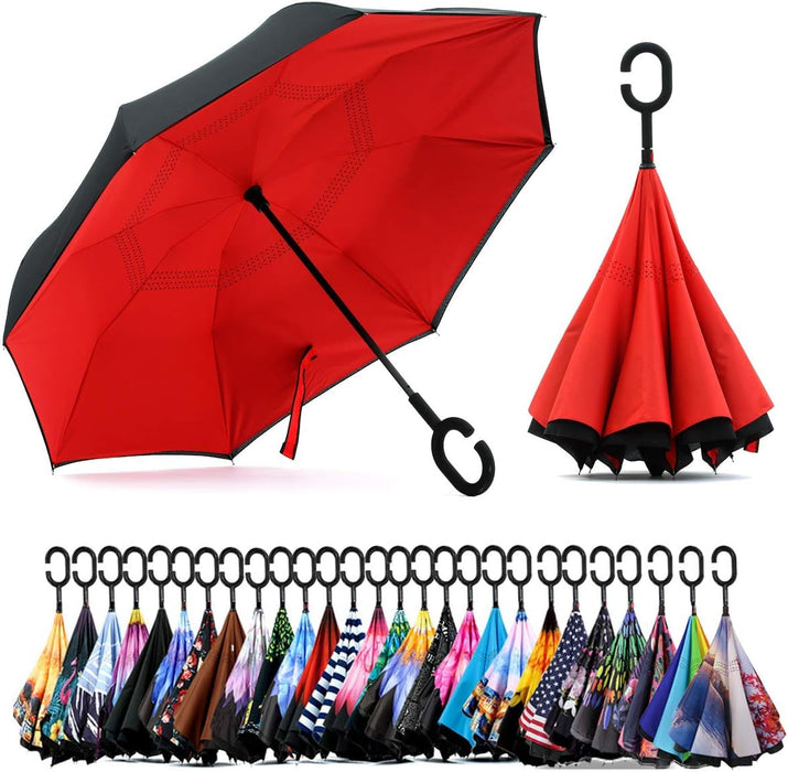 49/56 Inch Inverted Reverse Upside down Umbrella, Extra Large Double Canopy Vented Windproof Waterproof Stick Golf Umbrellas with C-Shape Handle.