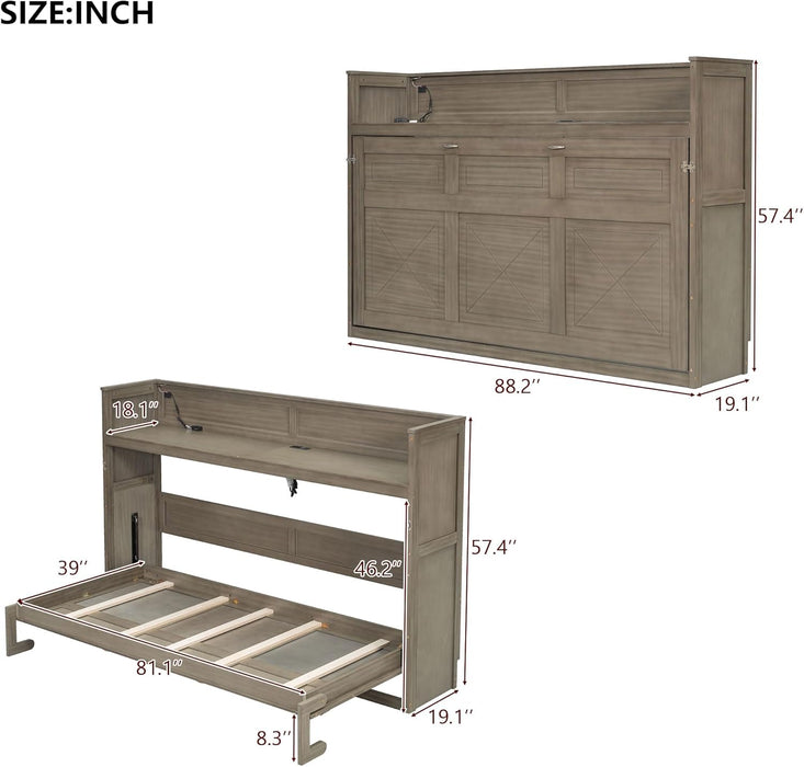 Twin XL Size Murphy Bed Cabinet Bed with Desk and USB Charging Station, Foldable Platform Bed Frame with Storage, Gray Wash