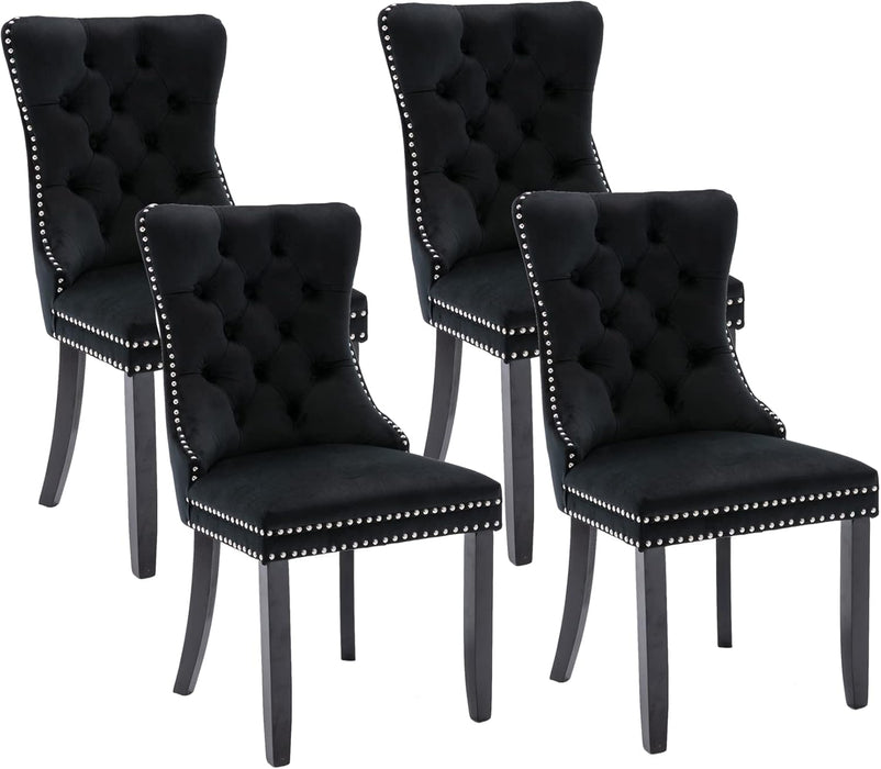 Tufted Dining Chairs Set of 4, Black Dining Chairs with Nailhead Back and Ring Pull Trim, Velvet Upholstered Dining Chairs for Kitchen/Bedroom/Dining Room