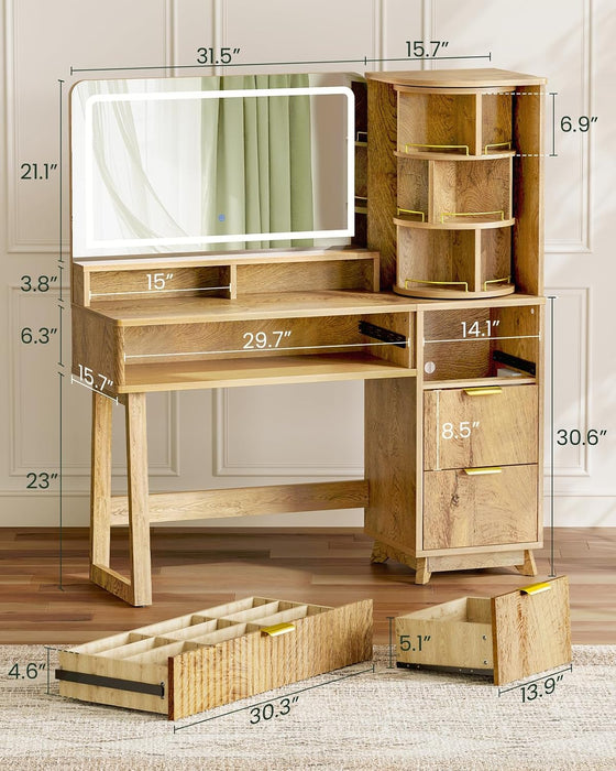 Womens Vanity with Mirror and Led Lights - 47.3" Makeup Vanitys with 360° Rotating Storage Shelf and 4 Drawers, Fluted Wood Vanities with Power Outlet & Holder for Bedroom