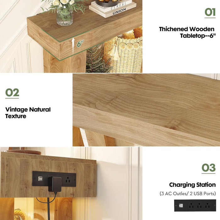 47" Entryway Table with Socket and Sensor Light, Narrow Console Table with Storage behind Couch, Farmhouse Entry Way Tables with Open Storage for Entrance/Hallway/Living Room, Natural Oak