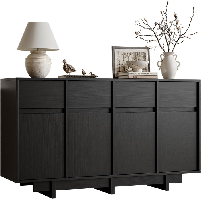 Black Sideboard Buffet Cabinet, 55" Mid Century Buffet Cabinet with 4 Drawers and 4 Doors, Wooden Coffee Bar Table for Kitchen