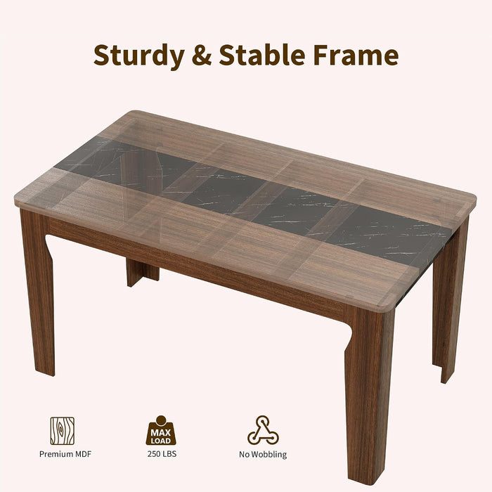 Farmhouse 71" Long Dining Table for 6-8 People, Marble Texture Finish Kitchen Table with Sturdy Wooden Frame, Rectangle Dining Table for Dining Room, Kitchen, Brown