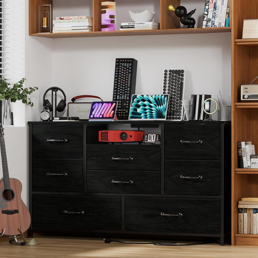 Black Oak Dresser TV Stand with 8 Drawers