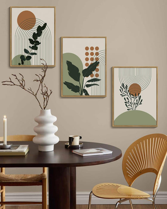 Boho Plant Wall Art Green Botanical Bohemain Framed Wall Printing 11X14In Abstract Canvas Prints with Leaf & Sun Lines - Natural Framed