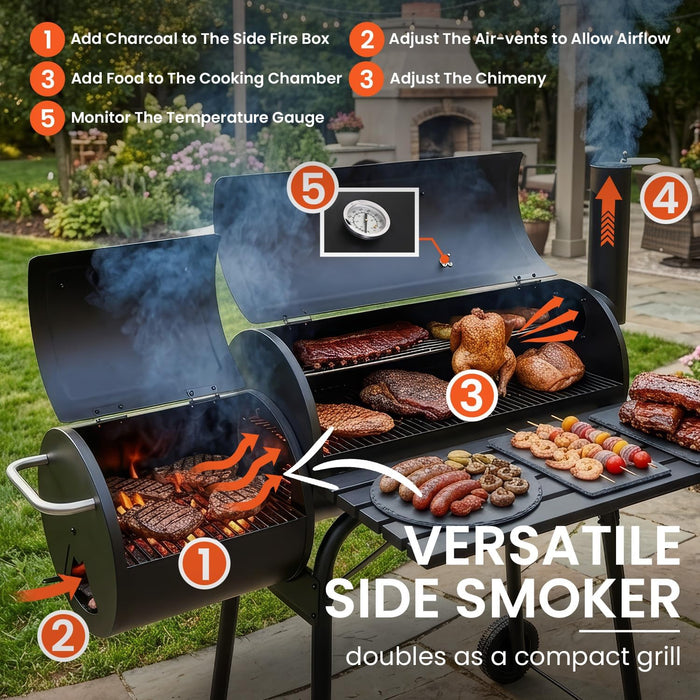 BBQ Charcoal Grill, Outdoor Heavy Duty Cooker Oven Barbecue Grill with Offset Smoker & Thermometer, Wheels and Tray for Patio Balcony Picnics, Party and Camping