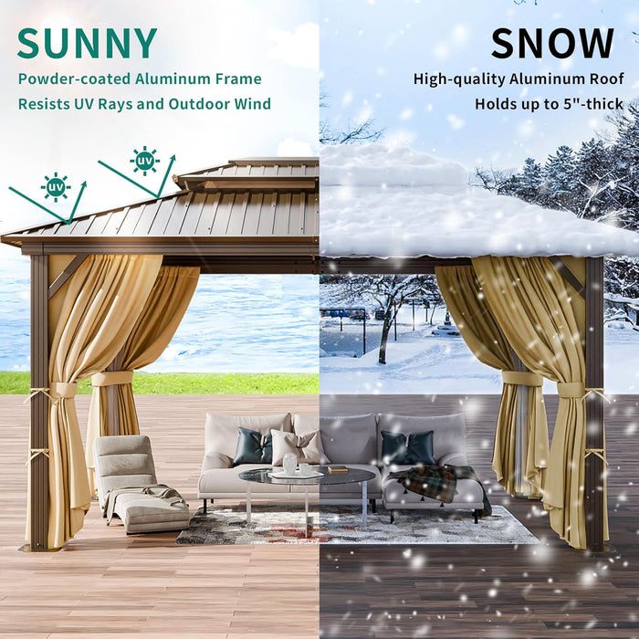 10X12 Hardtop Gazebo on Clearance with Heavy Duty Galvanized Steel,Outdoor Patio Gazebo with Aluminum Frame & Curtains and Netting, Permanent Pavillon for Backyard, Brown (2026 Upgraded)