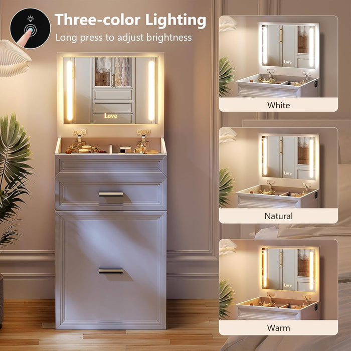 3 in 1 Vanity Desk with Flip Top Mirror and Led Lights, Compact Makeup Vanity with Charging Station, Vanity Table Set with Storage Drawers and Cushioned Stool for Bedroom, White