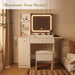 Small Vanity Desk with Mirror & Lights, Pink Makeup Vanity with Charging Station & Storage Chair, Dressing Table Set with Drawer & Shelves for Compact Bedroom Space, White