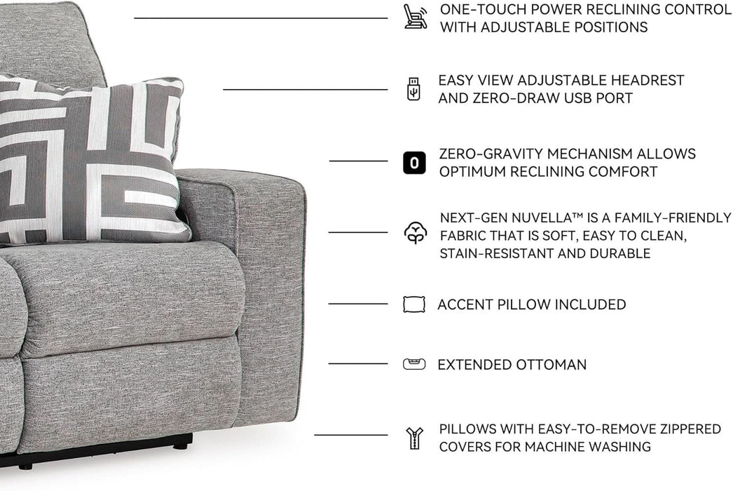 Biscoe Casual UV Resistant Power Reclining Sofa with Adjustable Headrest and USB Ports, Light Gray