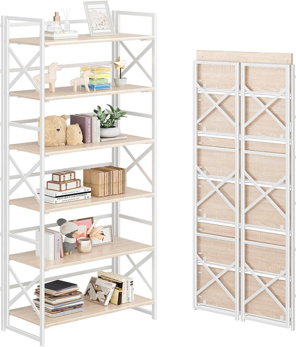 6 Tiers No Assembly Book Shelves, 61.8" H Folding Bookshelf Bookcase Open Industrial Foldable Shelves for Bedroom, Living Room, Home Office - Natural White