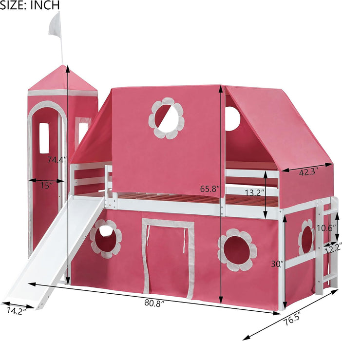 Pink Twin Loft Bed With Slide Integratedguardrails