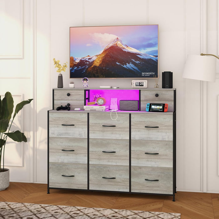 Grey Dresser with Power Outlets and LED Lights 13 Drawers Long Dresser for Bedroom Faux Leather Fabric Chest of Drawers for Living Room Hallway Entryway Closets Sturdy Frame Wood Top