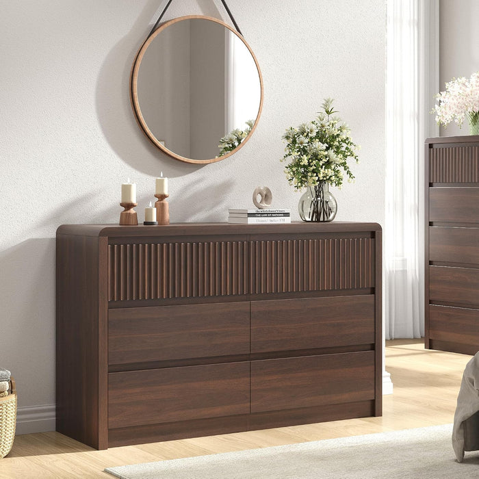 Fluted 6 Drawer Dresser for Bedroom, 50” Wide Dresser & Chest of Drawers with Curved Profile Design, Wood Mid Century Dressers for Bedroom, Living Room, Walnut