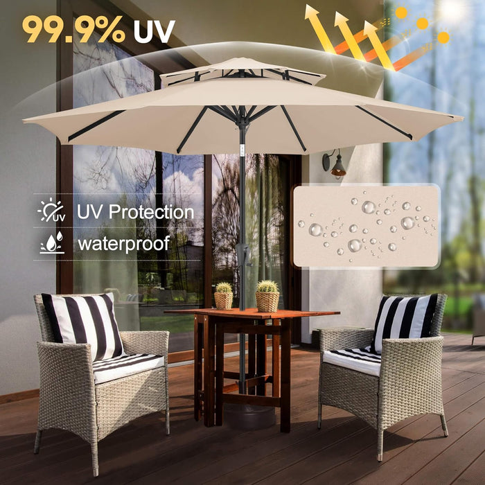 9Ft Patio Umbrella - 2 Tiers Outdoor Umbrella with Push Button Tilt and Crank for UV Protection, Table Market Umbrella for Garden, Deck, Backyard, Pool and Beach(Beige)