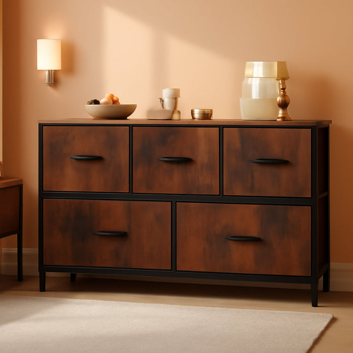 Dresser for Bedroom with 5 Drawers, Wide Chest of Drawers, Fabric Bedroom Dresser with Drawer Organizers, Storage Organizer Unit with Fabric Bins for Closet, Living Room, Hallway, Rustic Brown