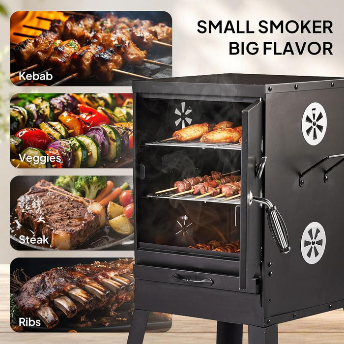 2-In-1 Outdoor Smoker with Door, Vertical Portable Charcoal Grill with Two Detachable Grill Smoking Racks and Charcoal Pan, Perfect for Camping Barbecue, Small Families, Black