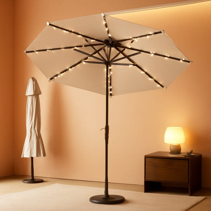 9FT Patio Umbrella with Solar Lights,Outdoor Market Umbrella with Tilt and Crank, LED Lighted Table Umbrella for Garden,Deck,Backyard,Pool,Beach (Beige)