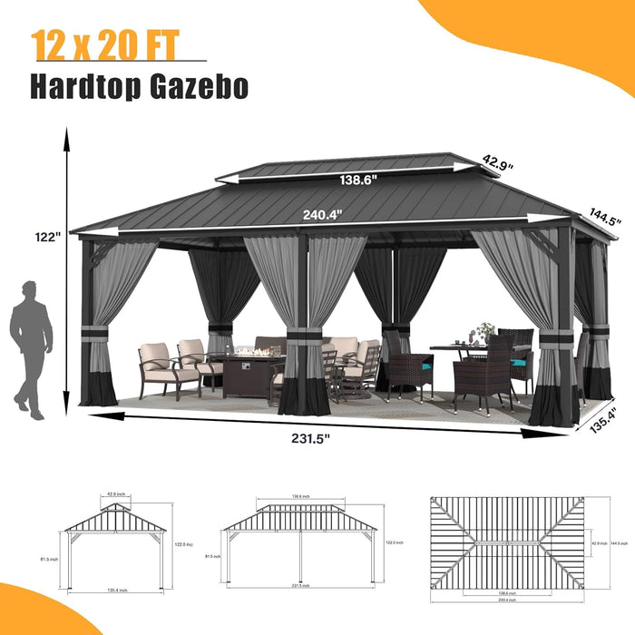 12'X20' Hardtop Gazebo, Outdoor Double Roof Canopy with Netting and Curtains, Galvanized Metal Frame, Sunshade for Patio, Backyard, Deck and Lawns-Gray