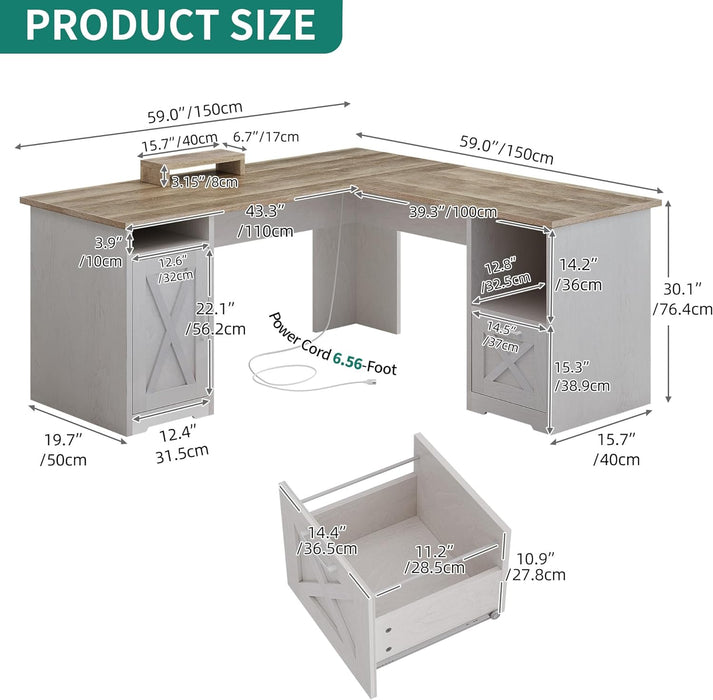 Grey L-Shaped Desk with File Cabinet & Shelves