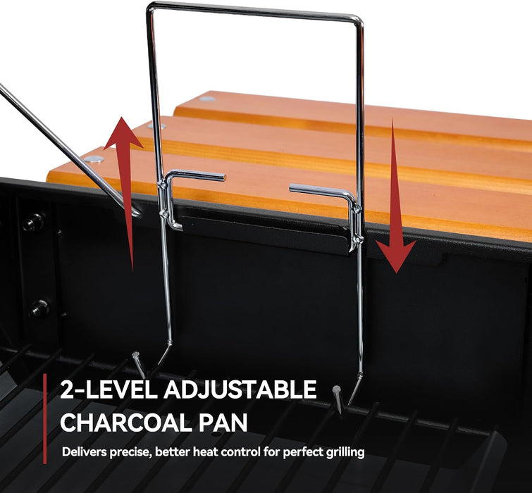 Barrel Charcoal Grill with Offset Smoker, 824 Sq. In. Cooking Area, Wooden Front Shelf, Bottom Shelf, Blow-Molded Wheels, Outdoor Charcoal Grill for Backyard Cooking, Black,Cc1831W