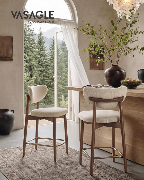 VASAGLE Wooden Bar Stools Set of 2, Linen-Look Fabric, Cappuccino Beige | Barstools with Solid Wood Legs, Ergonomic Backrest, Mid Century Modern, for Kitchen Island, Linen-Look Fabric