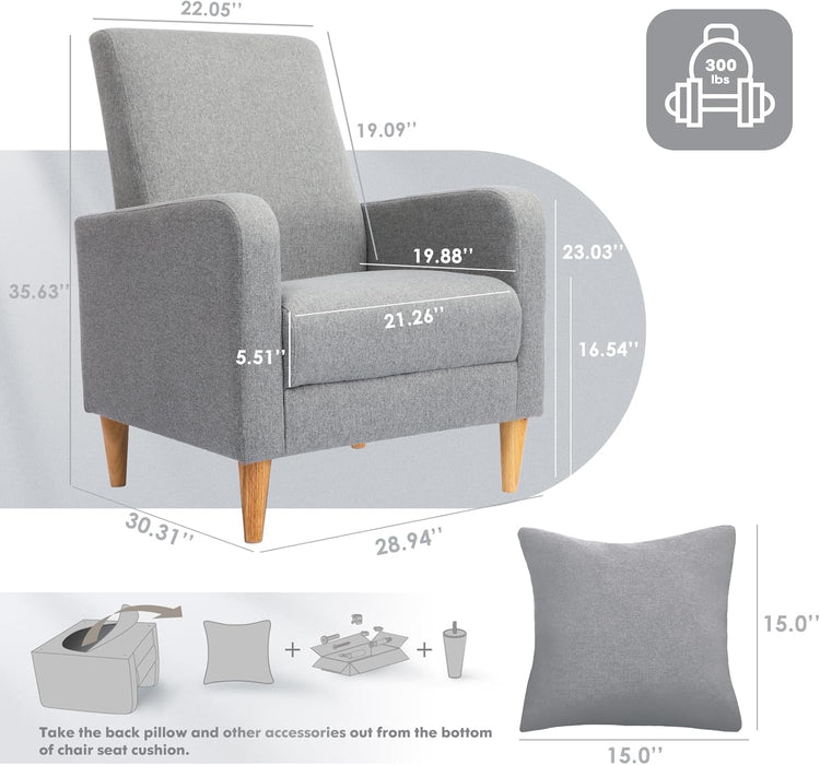 Fabric Accent Living Room Chairs Set of 2, Upholstered Arm Chair Reading Side Chair, Single Sofa with Back Pillow and Wood Legs, Light Grey