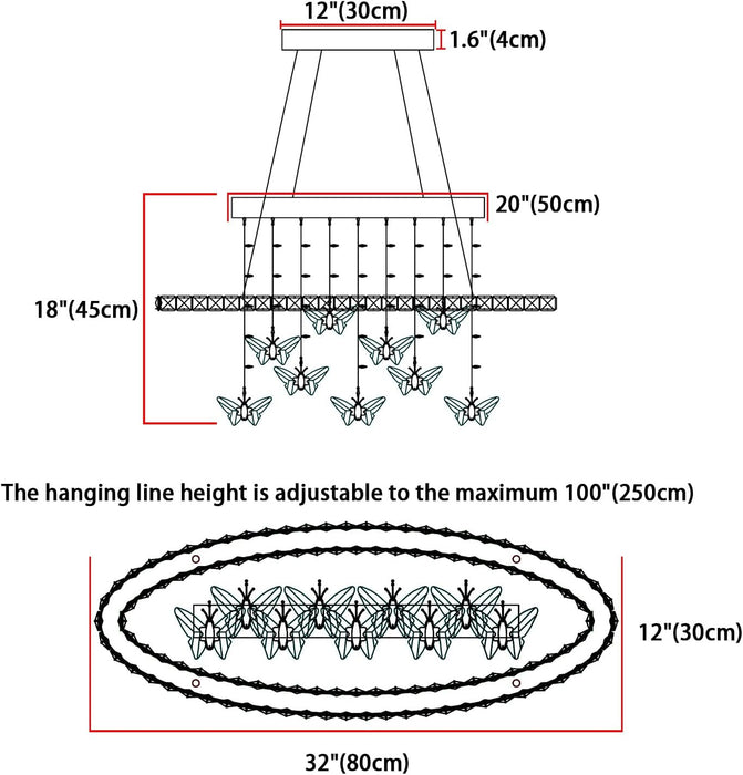 32 Inch Silver Crystal Butterfly Chandelier, Adjustable Hanging Linear Chandeliers, Oval Rings Chandelier for Dining Room, Living Room, Foyer