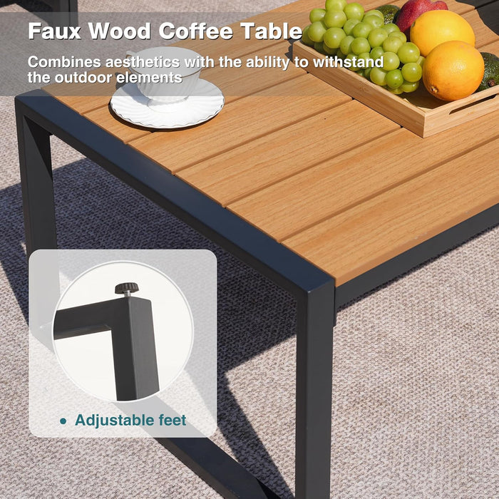 Patio Furniture Set, 4 Pieces Outdoor Furniture Patio Conversation Set with High Back, Faux-Wood Armrest and Tabletop, Outdoor Couch Patio Sofa Set for Balcony, Porch, Backyard, Beige