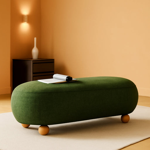 54-Inch Green Upholstered Bench for Bedroom, 4.5Ft End of Bed Accent Ottoman Bench with round Solid Wood Legs, Long Oval Footstool for Entryway & Hallway, Velvet Padded Seat