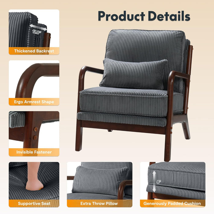 AC1 Accent Chair, Mid-Century Modern Armchair with Wood Frame, Comfy Corduroy Upholstered Reading Chair with Lumbar Pillow, 8" Thick Cushion for Living Room Bedroom Sunroom(Grey)