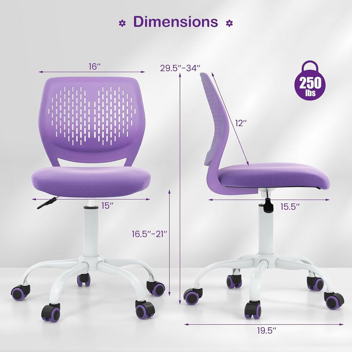 Kids Desk Chair, Adjustable Children Study Chair, Swivel Chair Armless Mesh Task Student Chair, Child Desk Chair with Adjustable Height & Lumbar Support Computer Chair (Purple)
