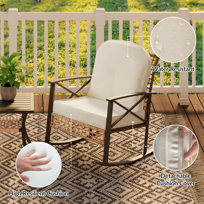 Patio Furniture Set 3 Piece, Rattan Rocking Bistro Table and Chairs Set of 2, Wicker Outdoor Indoor Conversation Set with Soft Thick Cushions and 2-Tier Coffee Table for Balcony, Lawn, Backyard
