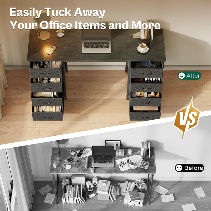 55 Inch Computer Desk with 8 Fabric Drawers, Office Desk Work Desk for Home Office, Study, Gaming Desk with Drawers, Large Storage, Black