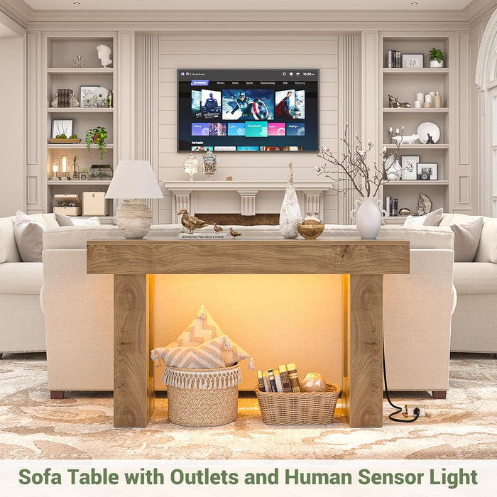 47" Entryway Table with Socket and Sensor Light, Narrow Console Table with Storage behind Couch, Farmhouse Entry Way Tables with Open Storage for Entrance/Hallway/Living Room, Natural Oak