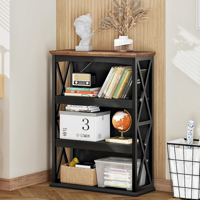 4-Tier Bookshelf, 42.9" Small Bookcase, Floor Standing Organizer Shelf, Corner Book Shelf, Metal Frame Bookshelves for Study, Bedroom, Living Room, Black and Walnut TSJ01BL