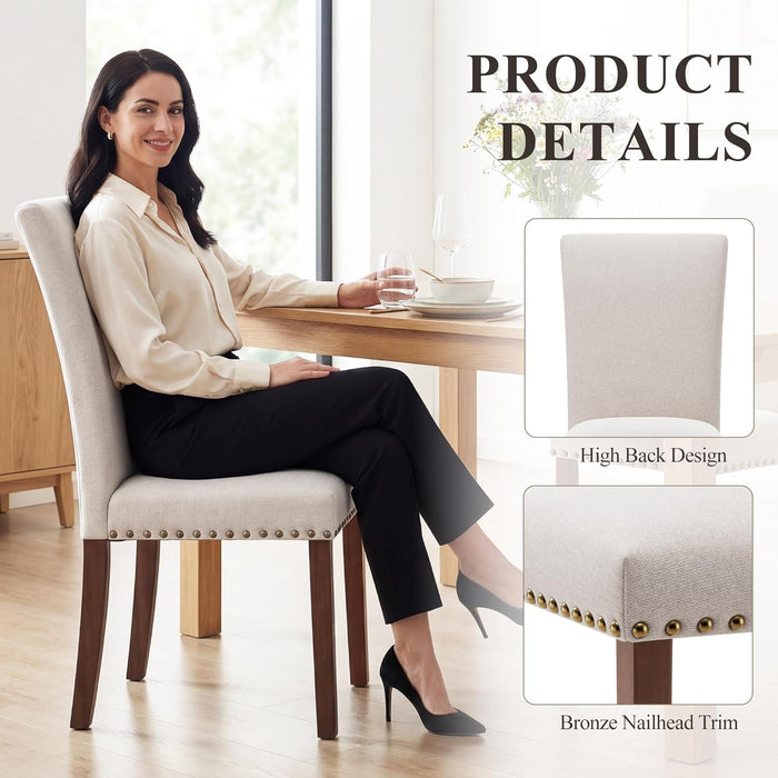 Upholstered Dining Chairs Set of 6 with Wood Legs, Beige