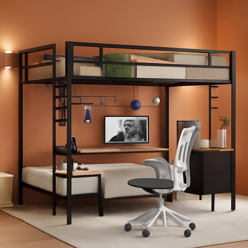 Full over Twin Bunk Bed with Desk and Charging Station Metal Full Size over Twin Loft Bed with Led Lights & Storage Shelves and Drawers for Teen,Safety Guard & Stairs,No Box Spring Needed,Black